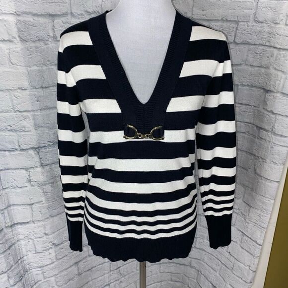 Cache women L Longsleeve v-neck stripe sweater navy blue & white - Picture 1 of 11